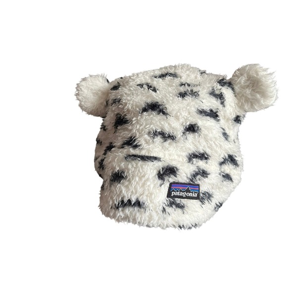 Patagonia Kids Snow Leopard Fleece Beanie Hat with Ears White Black - Picture 2 of 4